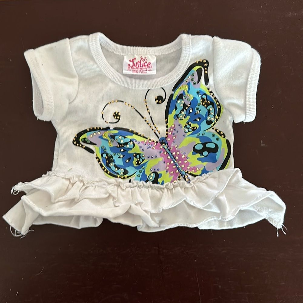 Build-A-Bear Workshop & Justice Doll Top White Colorful Glitter Butterfly